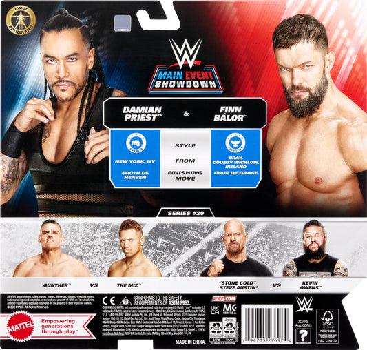 Mattel WWE Main Event Championship Showdown 2-Pack Action Figures & Accessory, Series #20 Damian Priest & Finn Balor Collectible Set, JCV72