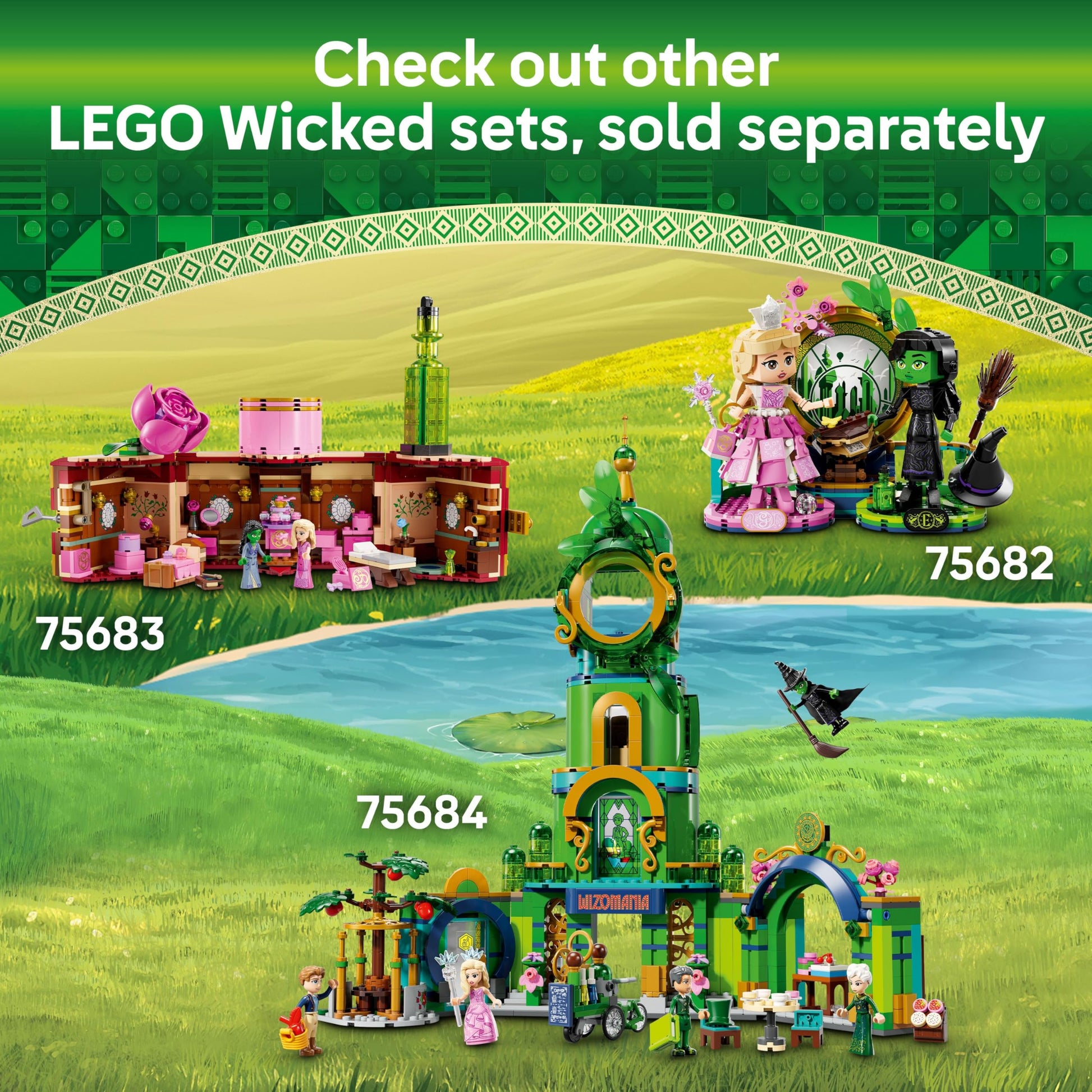 LEGO Wicked set featuring Glinda, Elphaba, and Nessarose mini dolls at Shiz University with a boat and accessories.
