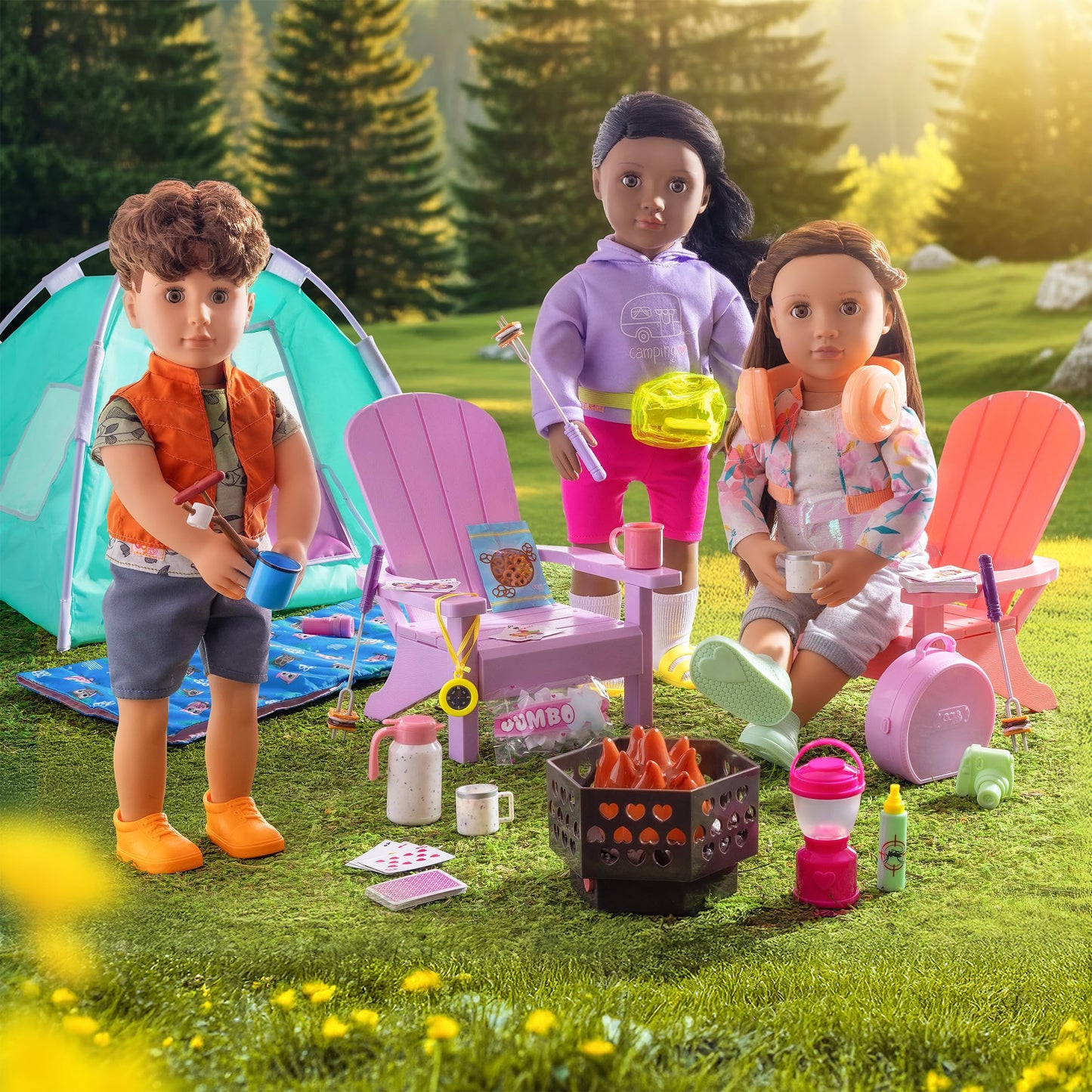 Our Generation Happy Camper camping set for 18" dolls featuring tent, sleeping bag, campfire accessories, and dishes.