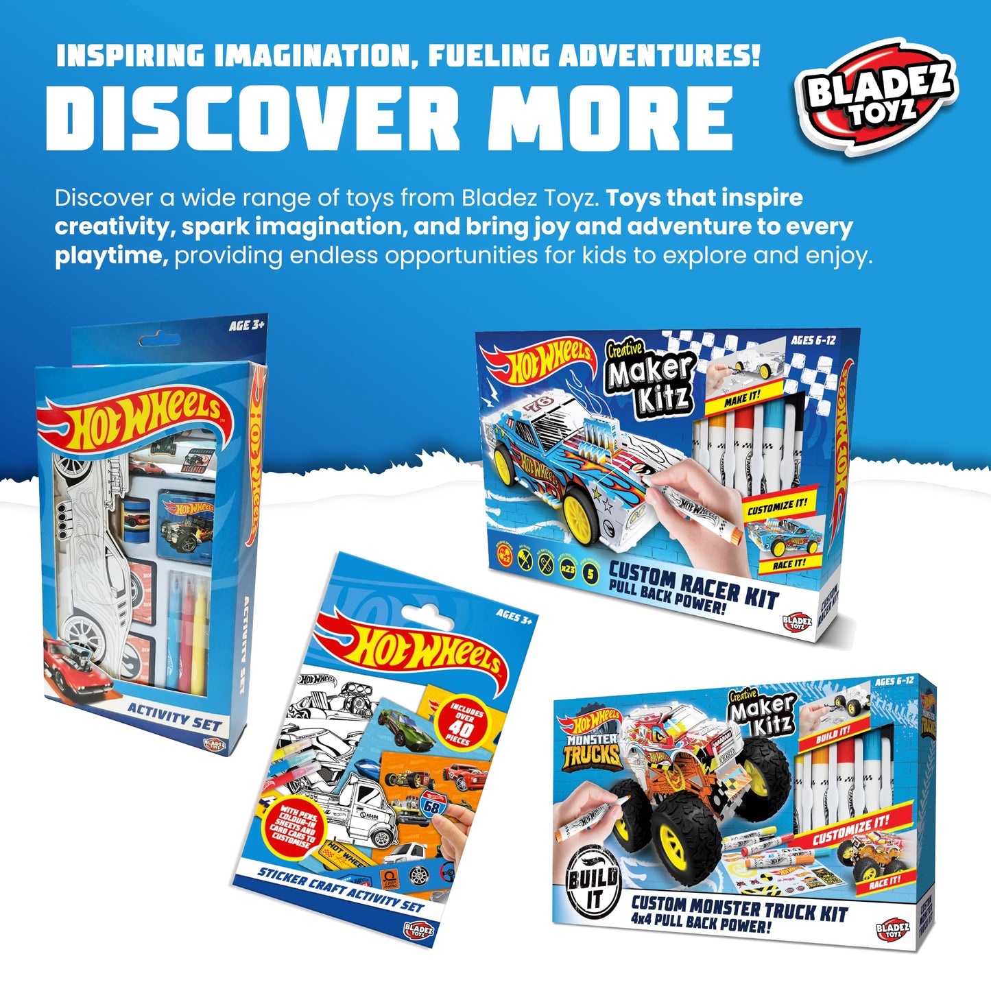 BLADEZ Hot Wheels Custom Racers, DIY Twin Pack, Make Your Own/Build Your Own, Pull Back Vehicles for kids, Customisable with pens and stickers, Creative Maker Kitz by Bladez Toyz