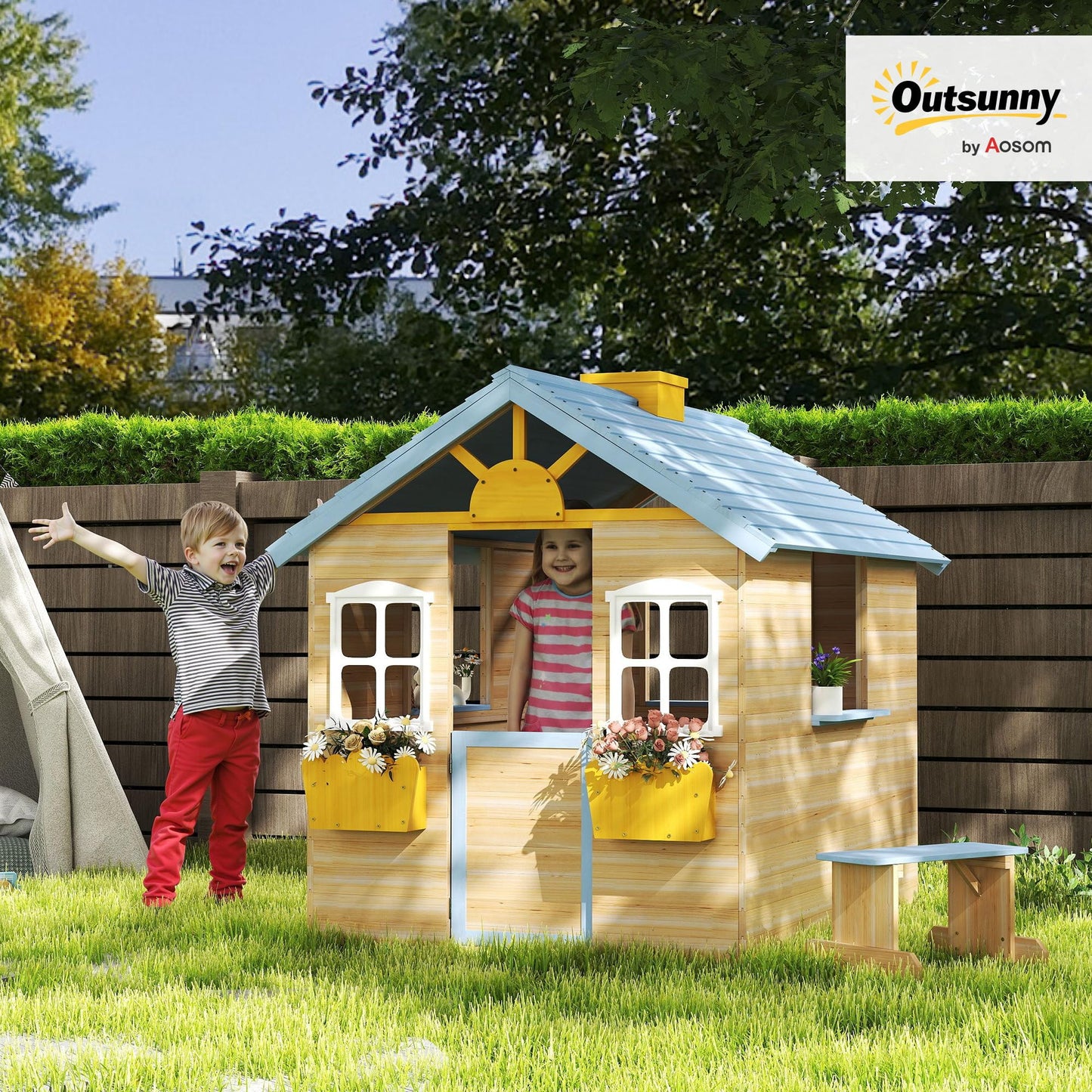 Outsunny wooden kids' playhouse with blue exterior, picnic bench, door, windows, flower pot, and pretend play features for ages 3-7.