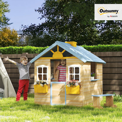Outsunny wooden kids' playhouse with blue exterior, picnic bench, door, windows, flower pot, and pretend play features for ages 3-7.