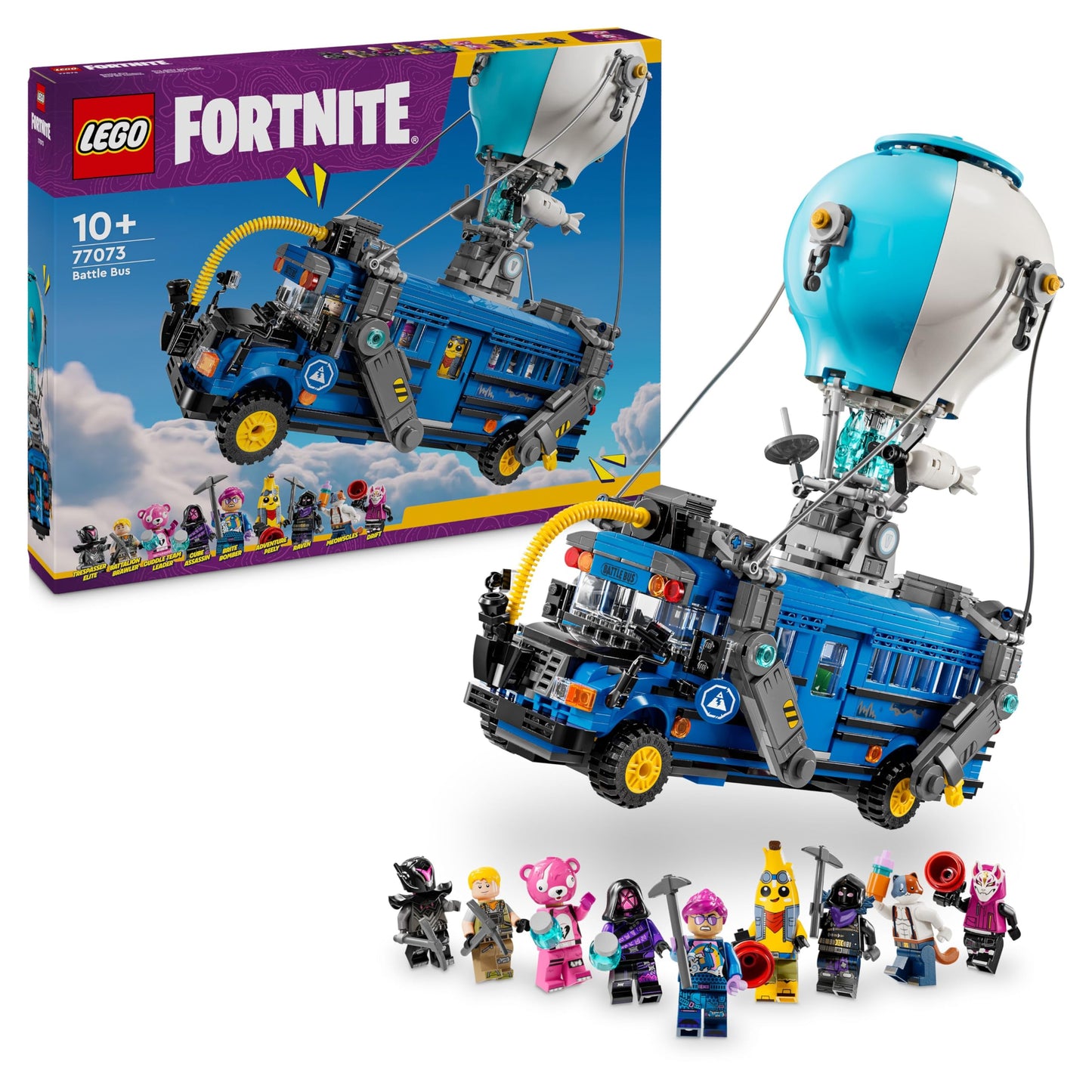 LEGO Fortnite Battle Bus toy model kit with 9 character minifigures and accessories, ideal for gaming fans aged 10 and up.