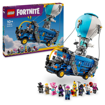 LEGO Fortnite Battle Bus toy model kit with 9 character minifigures and accessories, ideal for gaming fans aged 10 and up.