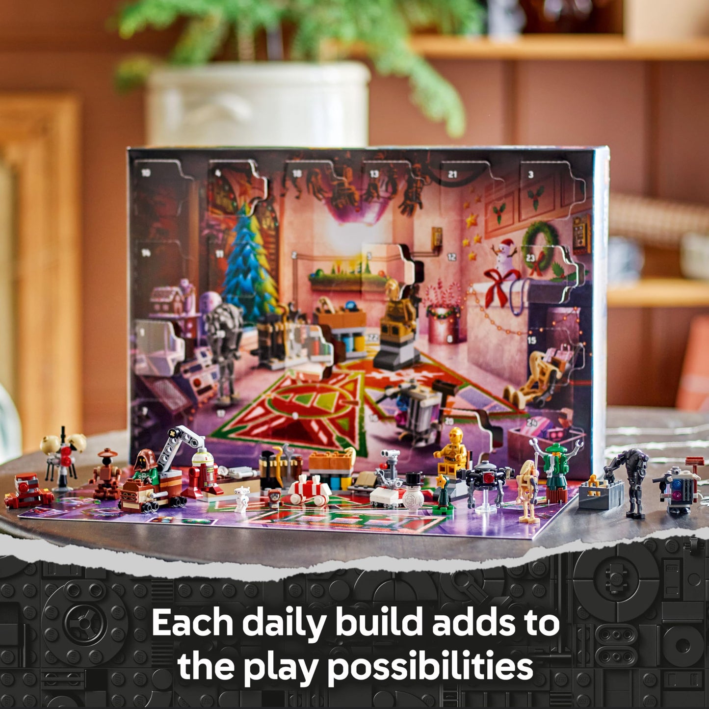 LEGO Star Wars Advent Calendar 2025 featuring 24 surprises, 2 minifigures, and 5 droid figures for holiday countdown.