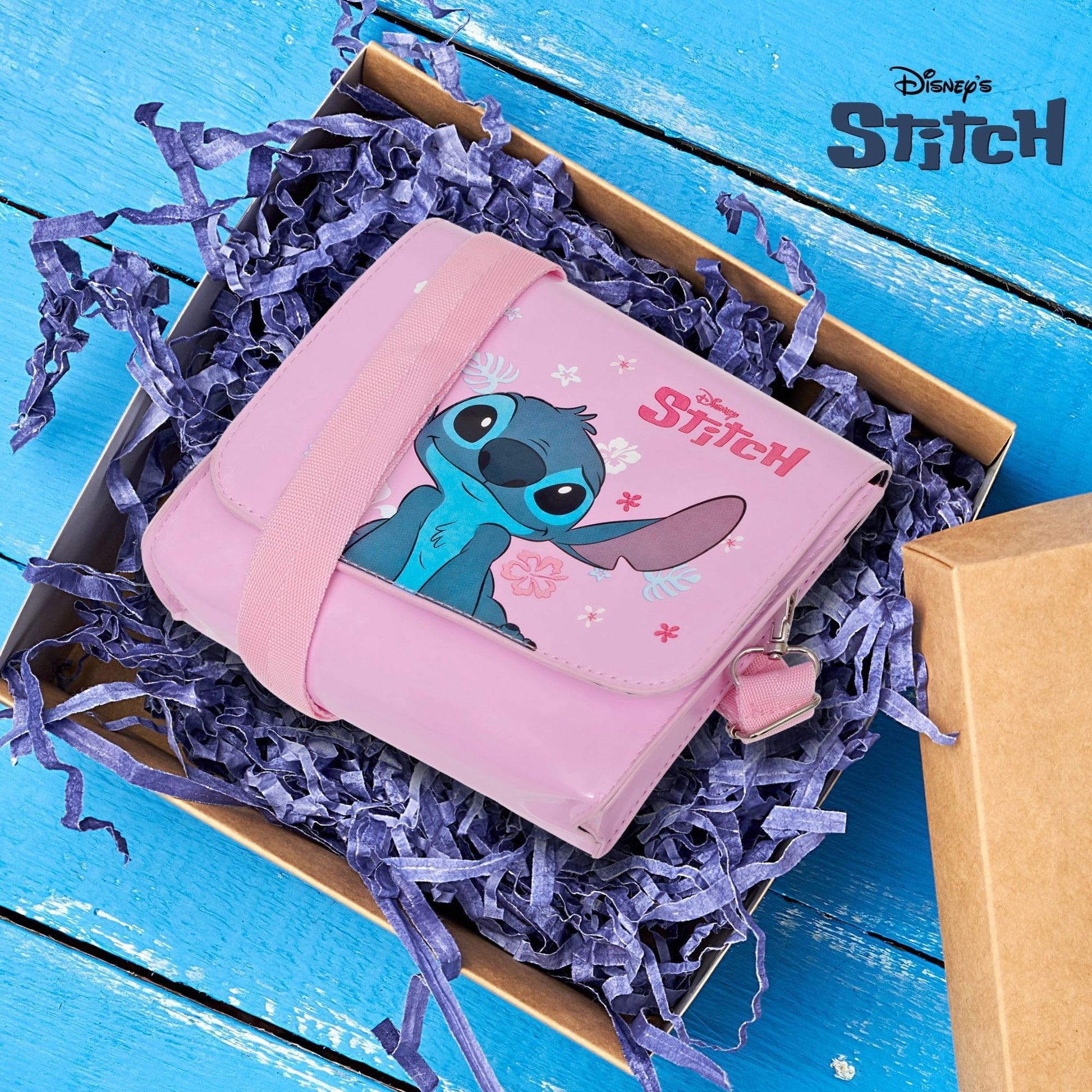 Pink Disney Stitch and Angel girls' shoulder handbag featuring Lilo & Stitch characters with adjustable strap and cute crossbody style.