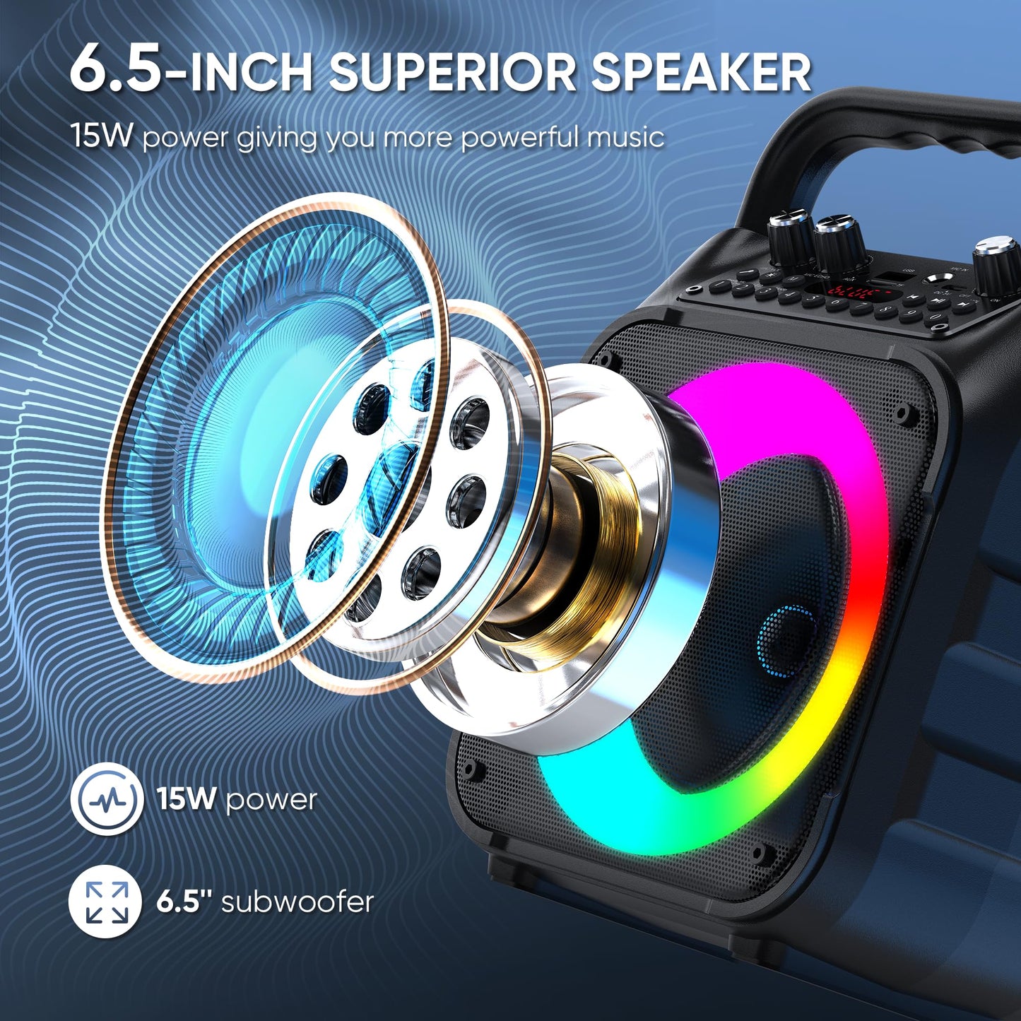 Wowstar portable karaoke machine with LED lights, two wireless microphones, Bluetooth speaker, TF card, USB, AUX, FM, and TWS support.