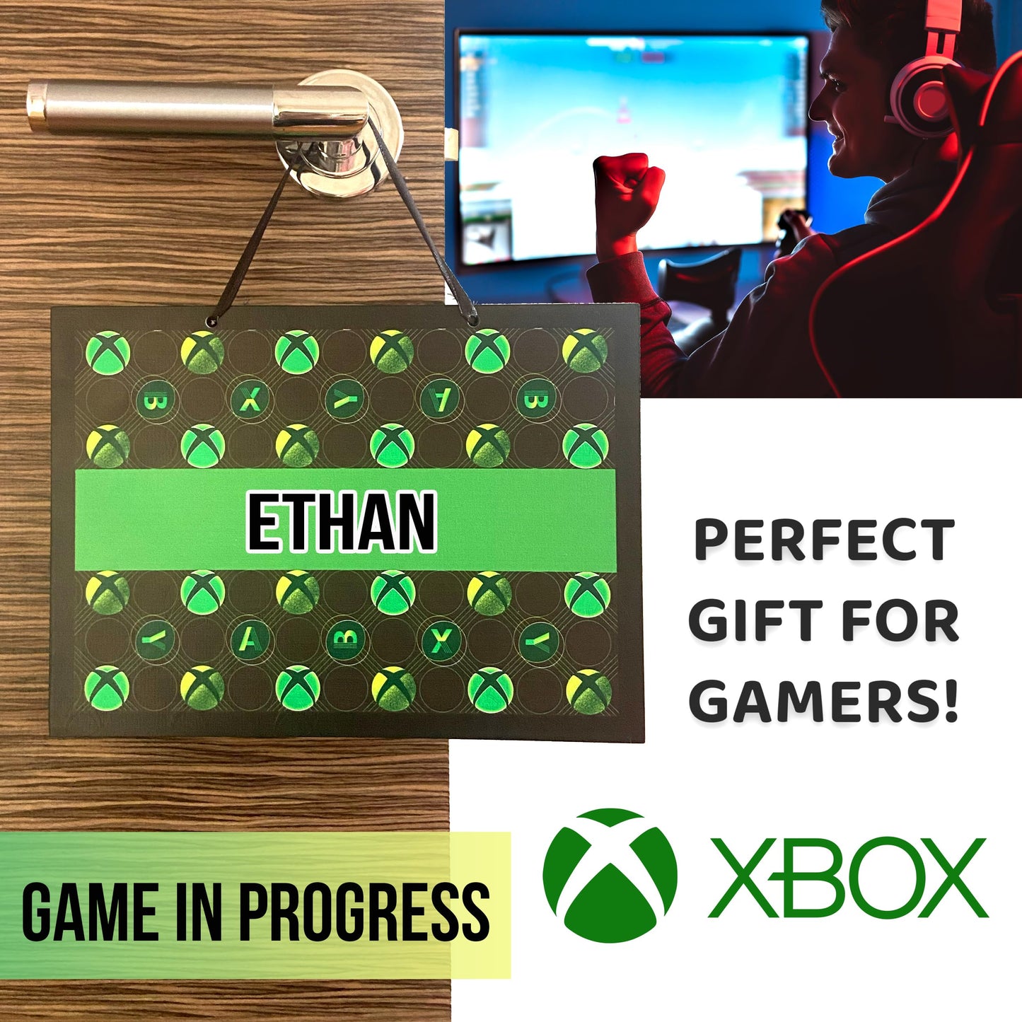 Xbox personalized name door plaque featuring Xbox accessories and wall decor, ideal for room, man cave, or Christmas gift.