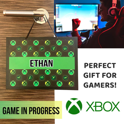 Xbox personalized name door plaque featuring Xbox accessories and wall decor, ideal for room, man cave, or Christmas gift.