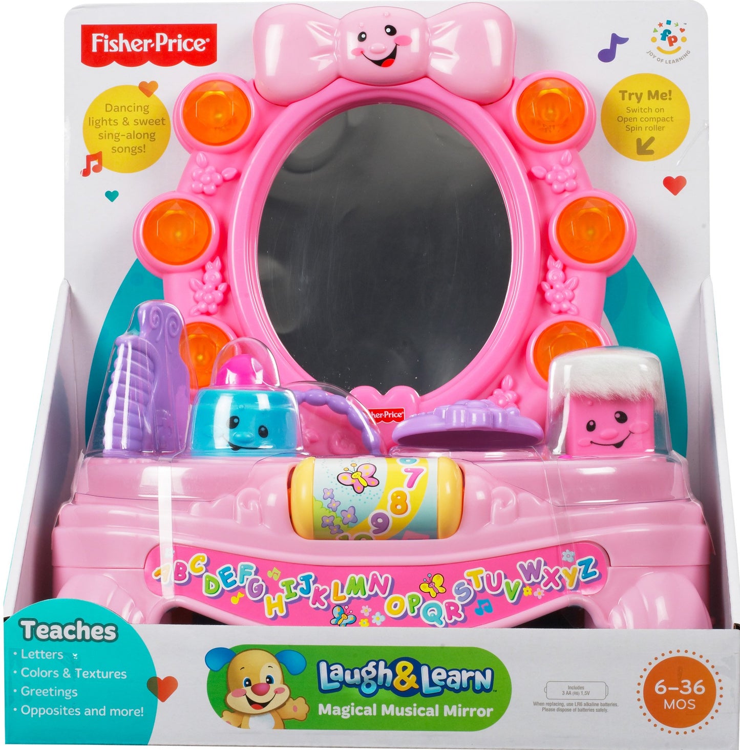 Fisher Price Laugh and Learn Magical Musical Mirror by Mattel showing a colorful baby mirror with musical and learning features