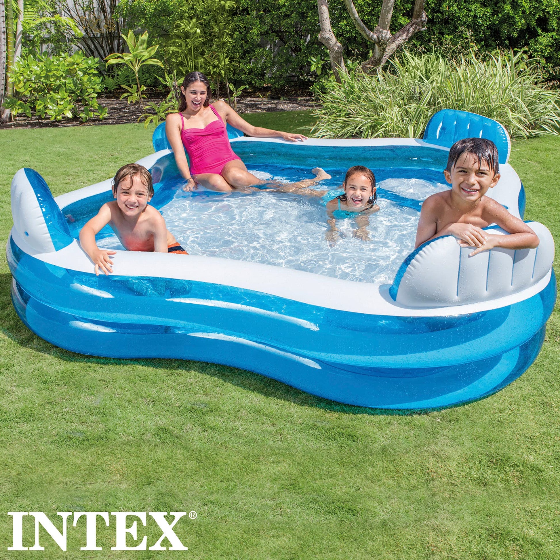 Intex 56475NP multi-color inflatable swim center family lounge, 90 x 90 x 26 inches, featuring spacious seating and relaxing design.