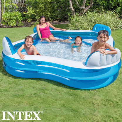 Intex 56475NP multi-color inflatable swim center family lounge, 90 x 90 x 26 inches, featuring spacious seating and relaxing design.