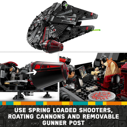 LEGO Star Wars 75389 The Dark Falcon set featuring cannons, spring-loaded shooters, and six minifigures including C-3PO.