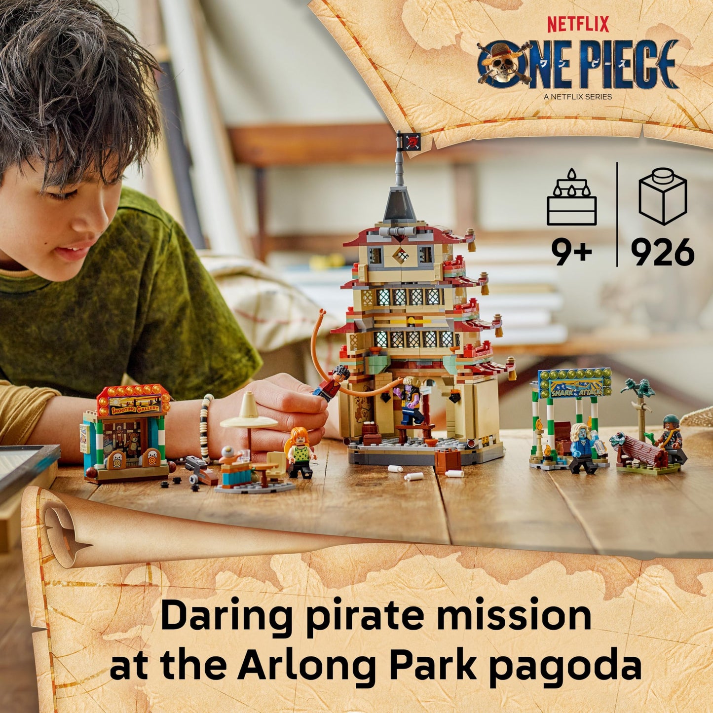 LEGO One Piece Battle at Arlong Park set featuring Luffy, Nami, and a collapsing pagoda with interactive play options.
