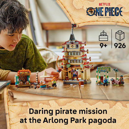LEGO One Piece Battle at Arlong Park set featuring Luffy, Nami, and a collapsing pagoda with interactive play options.
