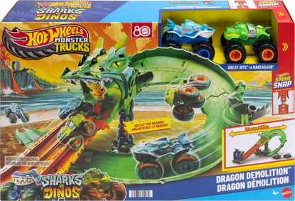 Hot Wheels Toy Monster Trucks, Sharks vs. Dinos Dragon Destruction Playset with 1:64 Scale Great Bite & Rageasaur, Race to Defeat the Cyborg Nemesis, JGB06