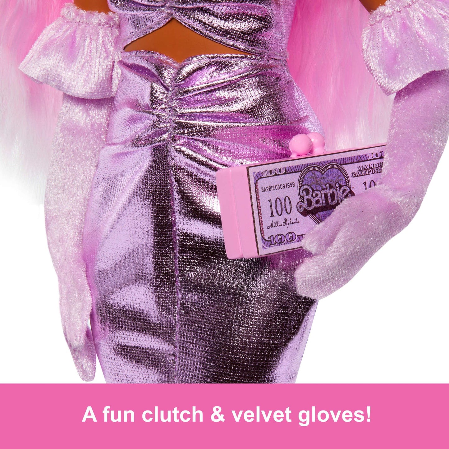 Barbie Deluxe Style Doll #1 with pink hair in a glossy pink dress, featuring velvet gloves and a money purse.