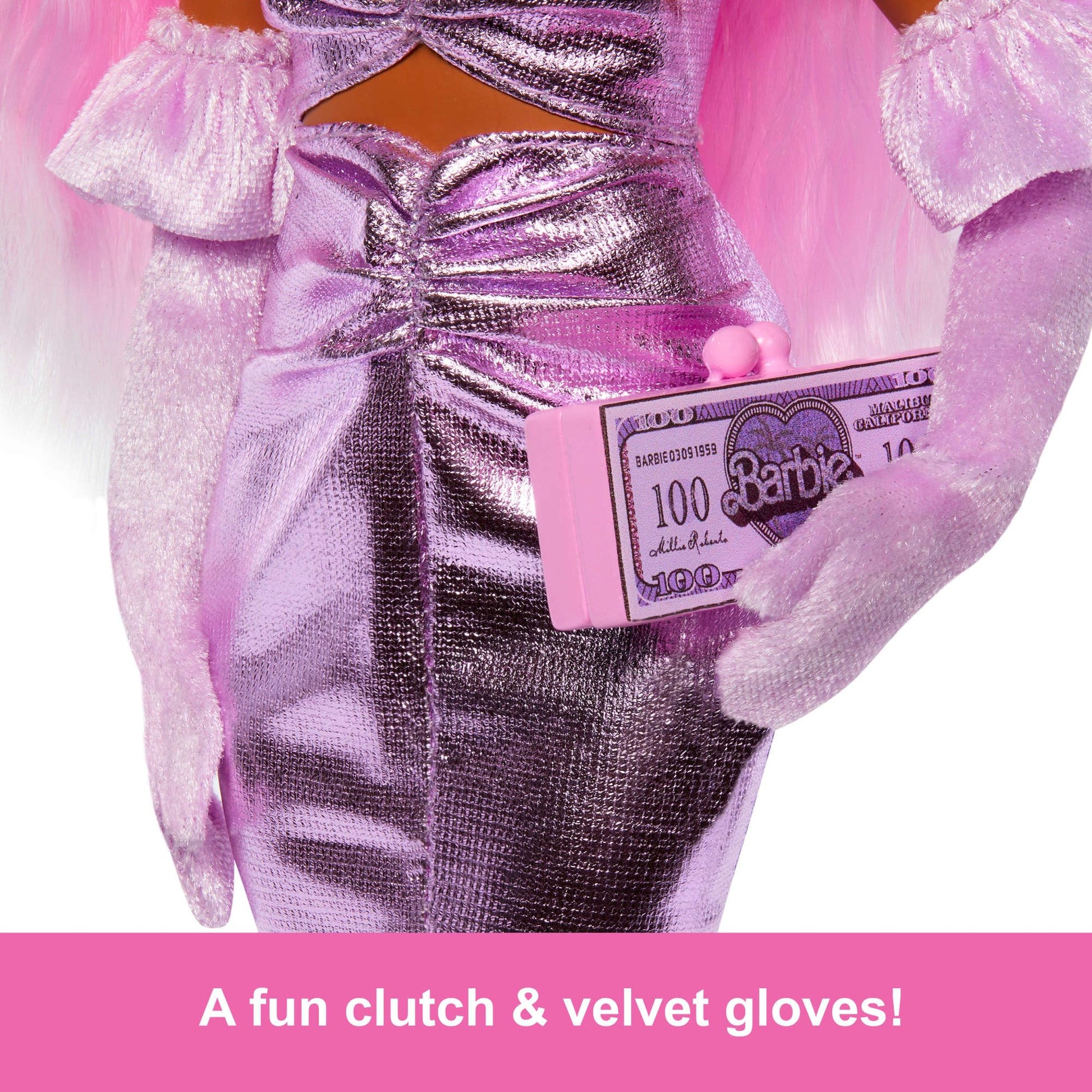 Barbie Deluxe Style Doll #1 with pink hair in a glossy pink dress, featuring velvet gloves and a money purse.