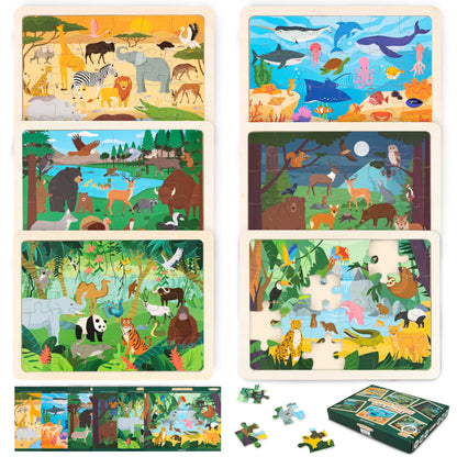 BONNYCO wooden animal puzzle for kids, 6 sets with 24 pieces featuring animals from various ecosystems, educational and fun for children.
