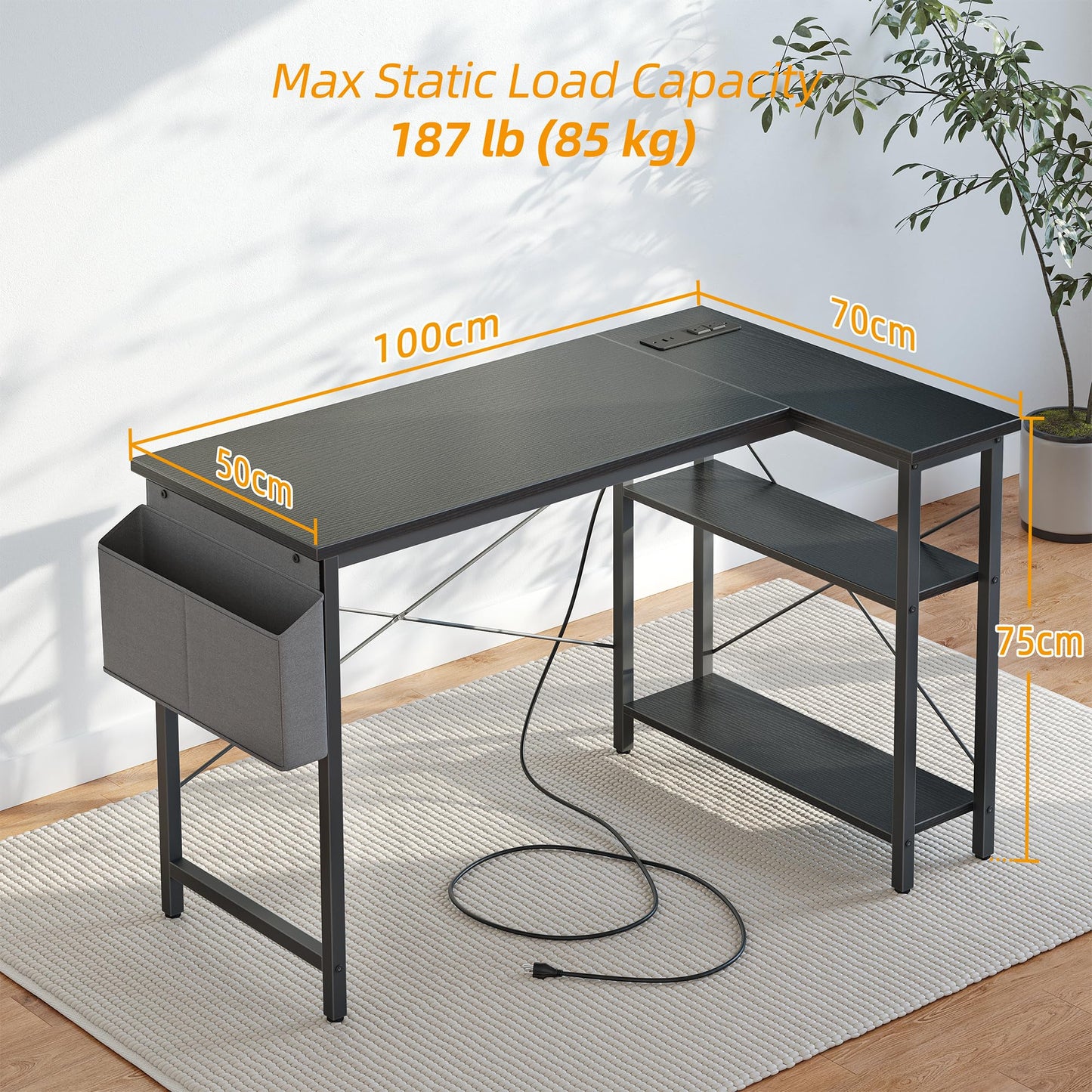 BEXEVUE L Shaped Gaming Desk with Power Outlets, 100x70 cm Computer Desk with Storage Bag, Office Desk Small Writing Table with Large Reversible Storage Shelves, Workstation Study Home Office, Black