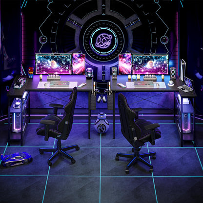 Black BEXEVUE L-shaped gaming desk with large reversible storage shelves and a 100x70 cm workspace, ideal for study, work, and gaming.