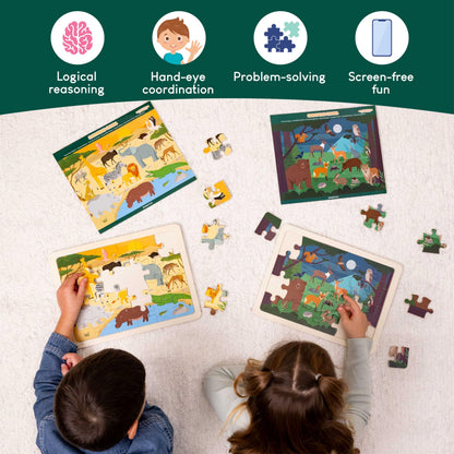 BONNYCO wooden animal puzzle with 24 pieces, featuring animals from various ecosystems, suitable for kids ages 3-8.