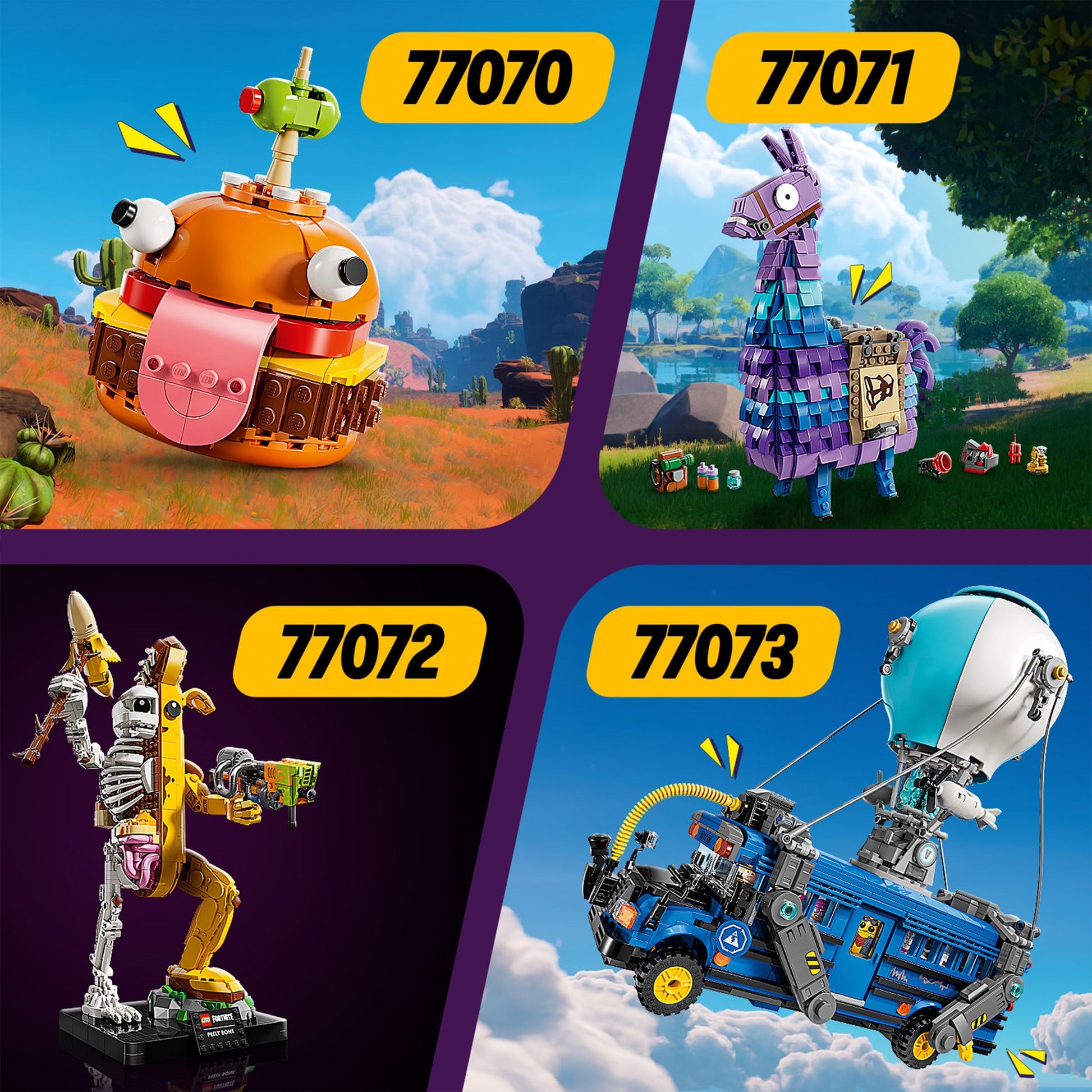 LEGO Fortnite Peely Bone collectible figure with Paint Launcher and Peely Pick Pickaxe, ideal for display and DIY building.