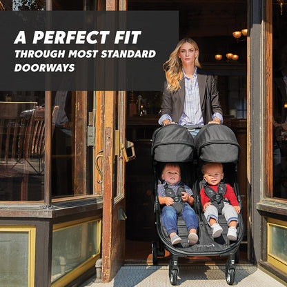Baby Jogger City Tour 2 Double travel pushchair in pitch black, lightweight, foldable double buggy for easy portability.