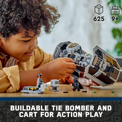 LEGO Star Wars 75347 TIE Bomber model with Gonk Droid and Darth Vader minifigure holding a lightsaber, showcasing torpedo function.