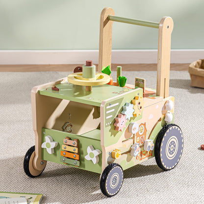 Robud farm-themed wooden baby walker with wheels, suitable for 1-2 year olds, featuring adjustable speed and height for toddlers.