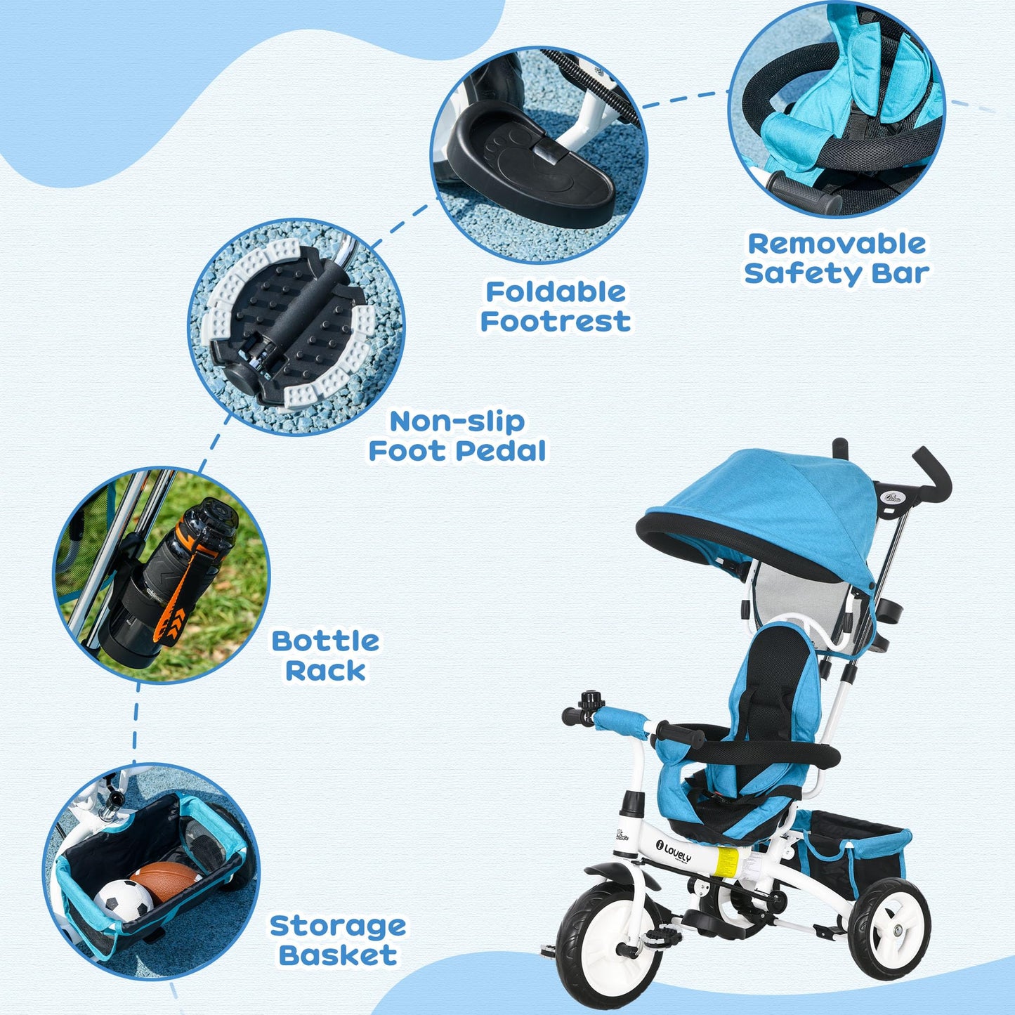 HOMCOM 6 in 1 Trike, Kids Tricycle, Pedal Push Bike w/Parent Handle, Removable Canopy, 5-Point Safety Belt, Storage, Footrest, Brake, for 1-5 Years Toddler, Blue