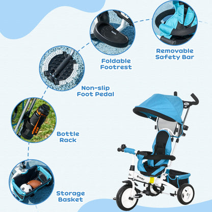 HOMCOM 6 in 1 Trike, Kids Tricycle, Pedal Push Bike w/Parent Handle, Removable Canopy, 5-Point Safety Belt, Storage, Footrest, Brake, for 1-5 Years Toddler, Blue