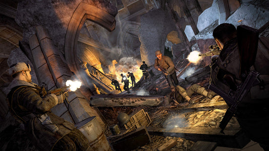 Nintendo Switch game case for Sniper Elite V2 Remastered by Fireshine Games, featuring artwork of a sniper in a combat scene.