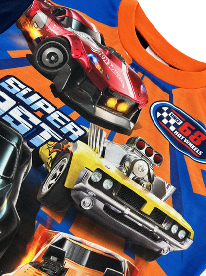 Hot Wheels boys' blue pyjamas featuring racing graphics, suitable for ages 7-8, displayed on a white background.