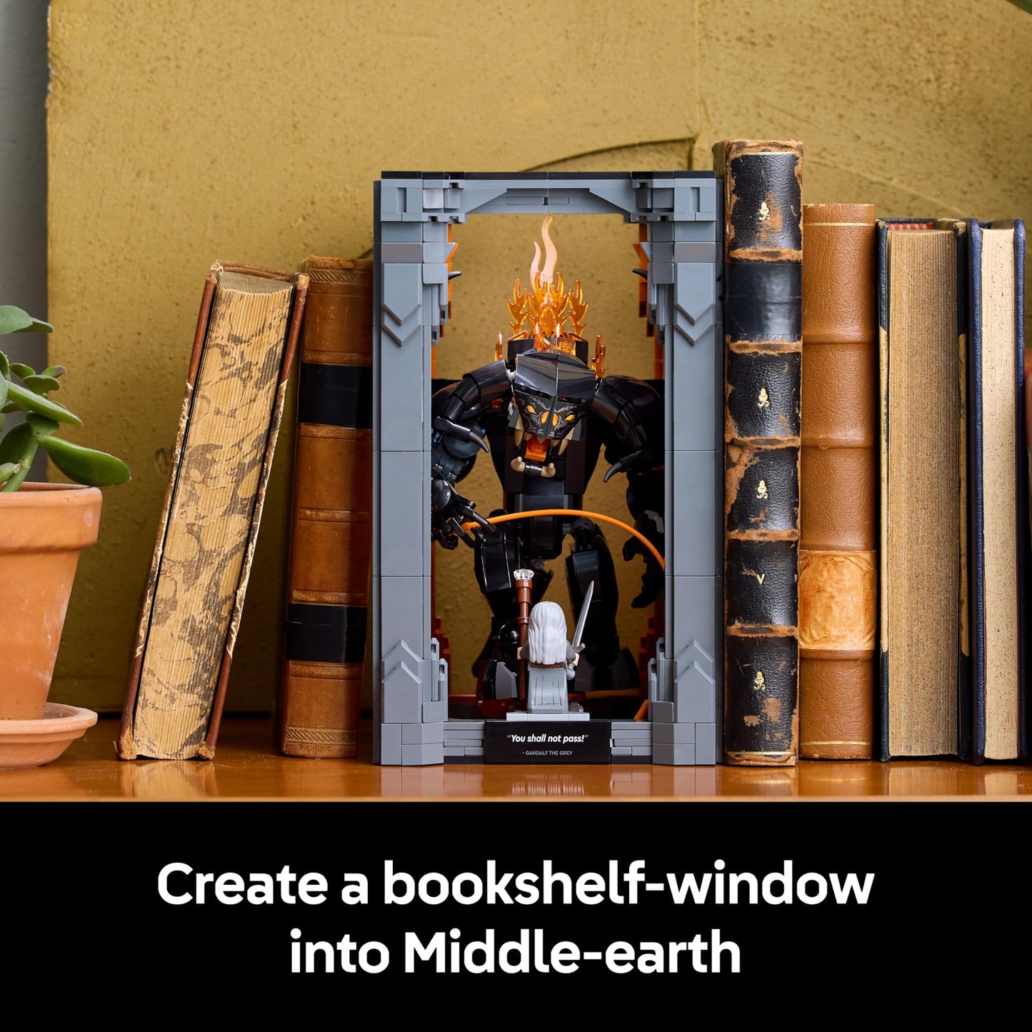 LEGO Icons Balrog Book Nook featuring Gandalf the Grey minifigure and dragon figure, perfect for bookshelf decor.