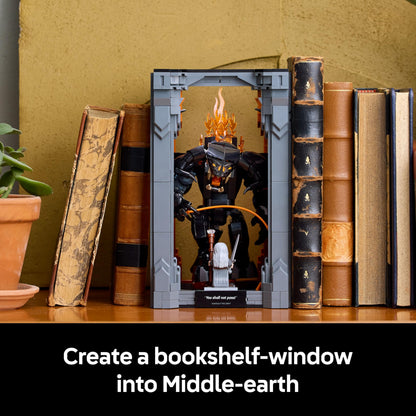 LEGO Icons Balrog Book Nook featuring Gandalf the Grey minifigure and dragon figure, perfect for bookshelf decor.