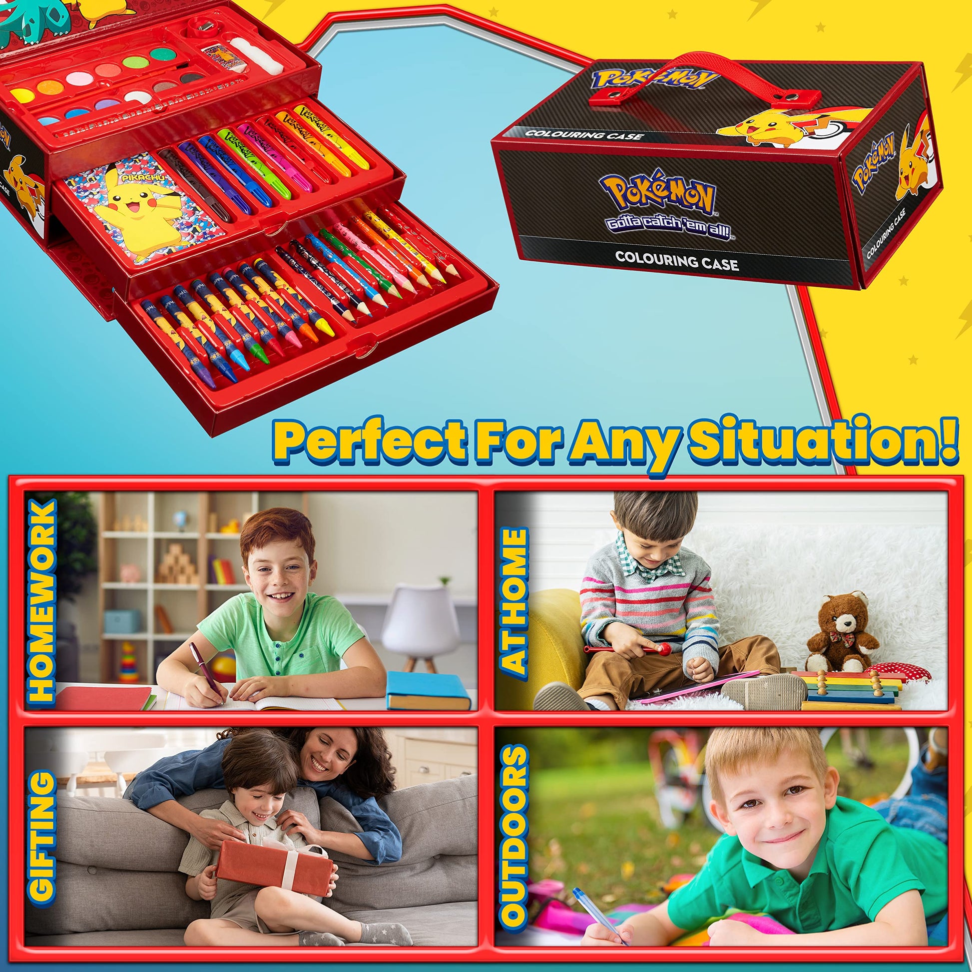 Pokémon art supplies set featuring coloring pencils, felt tip pens, watercolor paints, and crayons in black and red.