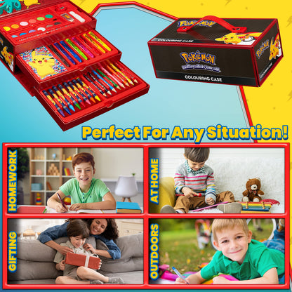 Pokémon art supplies set featuring coloring pencils, felt tip pens, watercolor paints, and crayons in black and red.