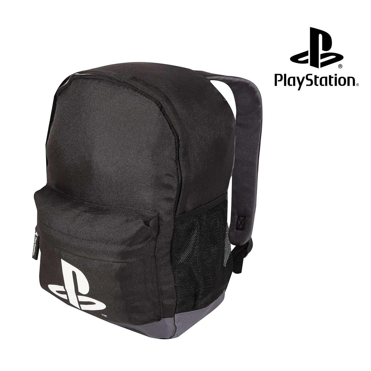 Black Popgear boys' PlayStation logo backpack with adjustable straps, featuring official gaming merchandise for kids.