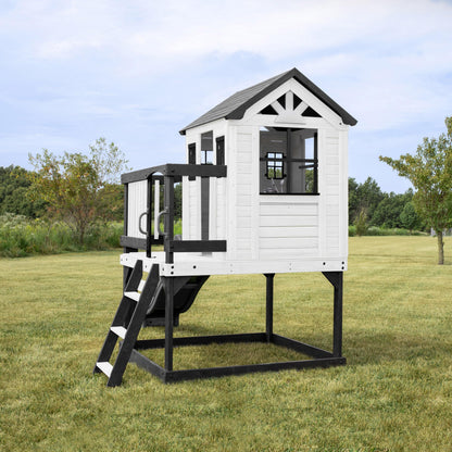 Backyard Discovery Sweetwater Heights cedar wood elevated playhouse with wave slide, toy kitchen, and growth chart for kids outdoor fun.