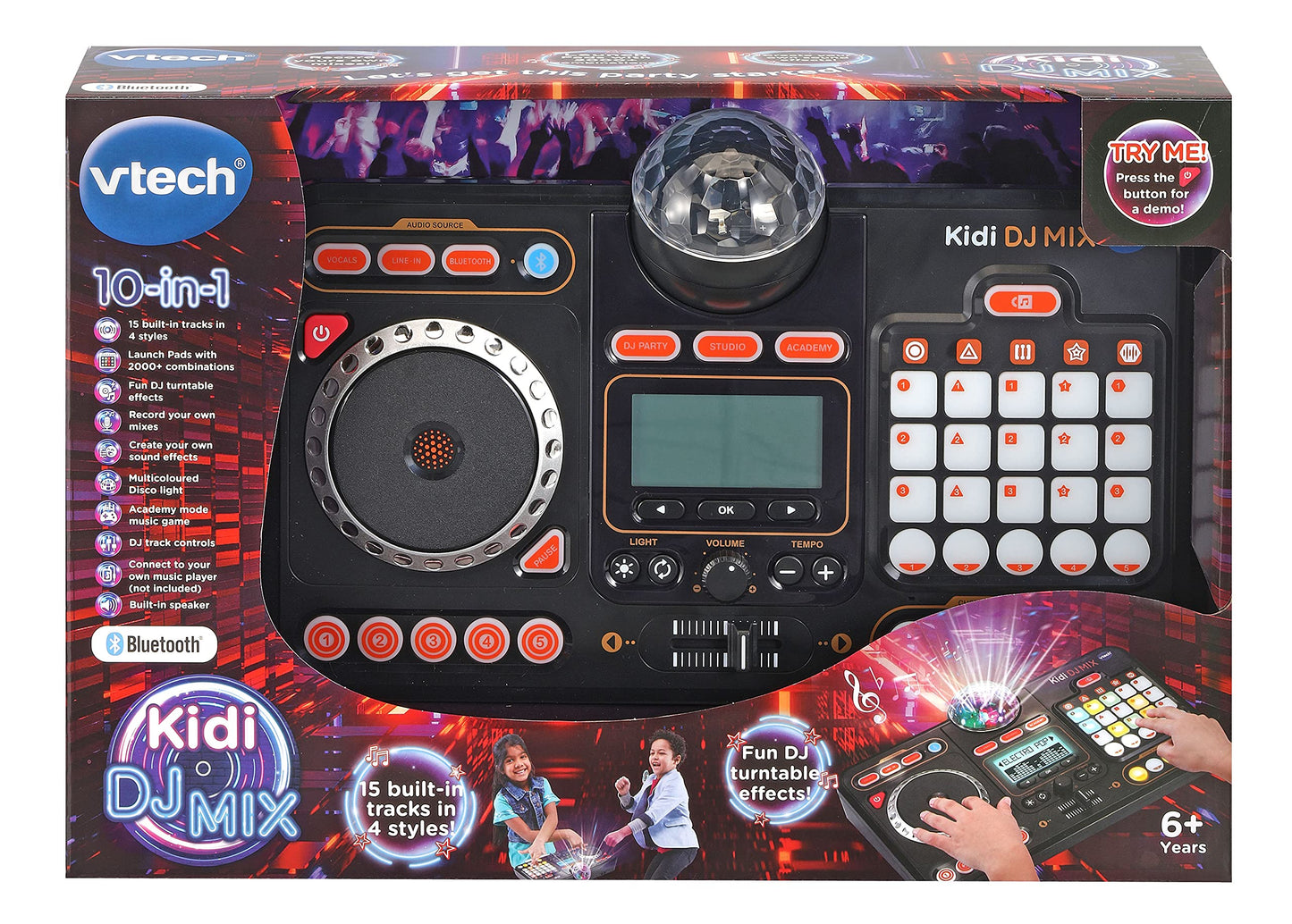 VTech Kidi DJ Mix black toy DJ mixer for kids with lights, effects, 15 tracks, 4 music styles, and interactive features for ages 6+