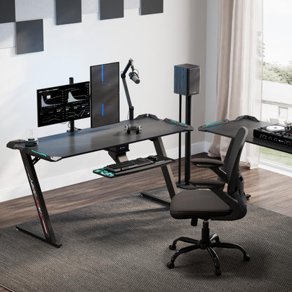 EUREKA ERGONOMIC Gaming Desk with Led Lights 156×64cm Large RGB Ergonomic Gaming Computer Desk for Home Office Work Study Writing with Mouse Pad, Easy to Assemble, Carbon Fiber Black