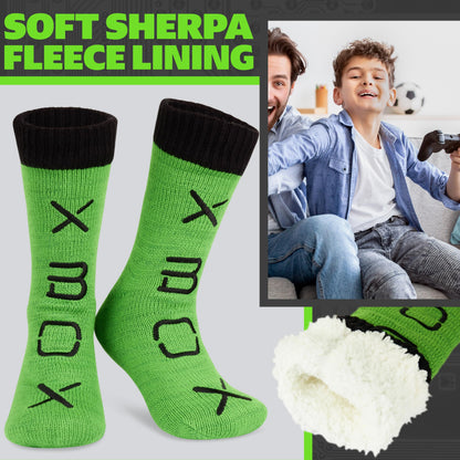Xbox boys and teen slipper socks with fleece lining, non-slip pads, cozy warm loungewear ideal for gaming and relaxing at home.