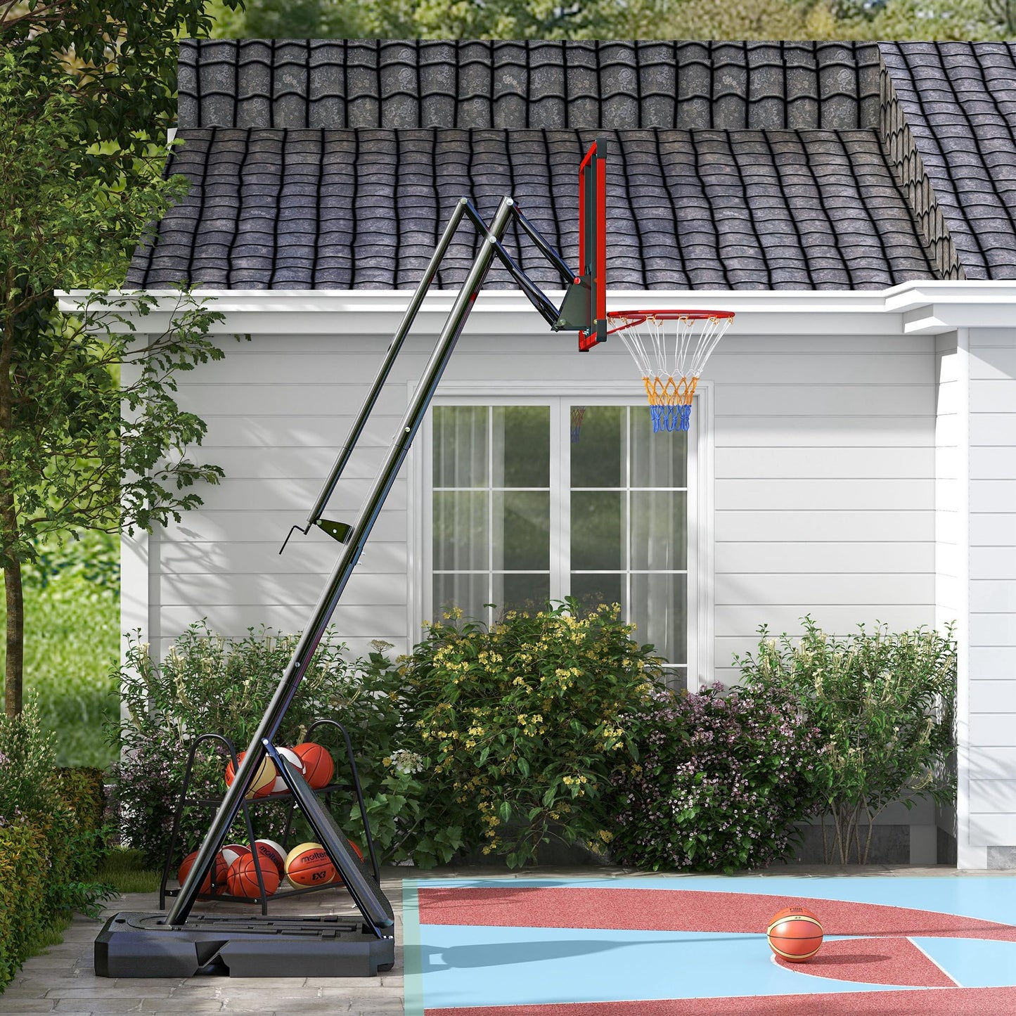 SPORTNOW Basketball Hoop Outdoor, Easily Adjustable Height Basketball Hoop and Stand with Weighted Base, Portable on Wheels, 2.4-2.9m, Red