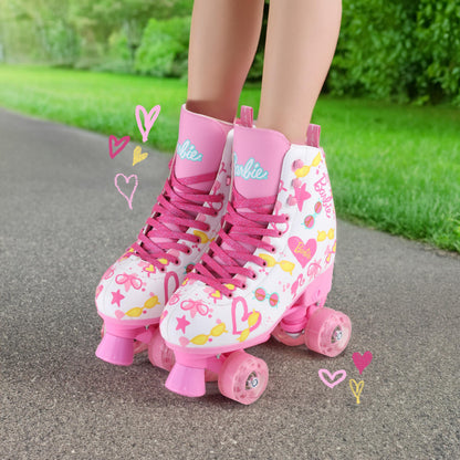 VOYAGER Barbie roller skates for girls with glitter wheels, adjustable sizes 12-2, durable PVC, foam lining, perfect for active fun.