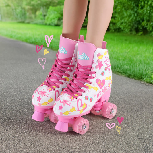 VOYAGER Barbie roller skates for girls with glitter wheels, adjustable sizes 12-2, durable PVC, foam lining, perfect for active fun.