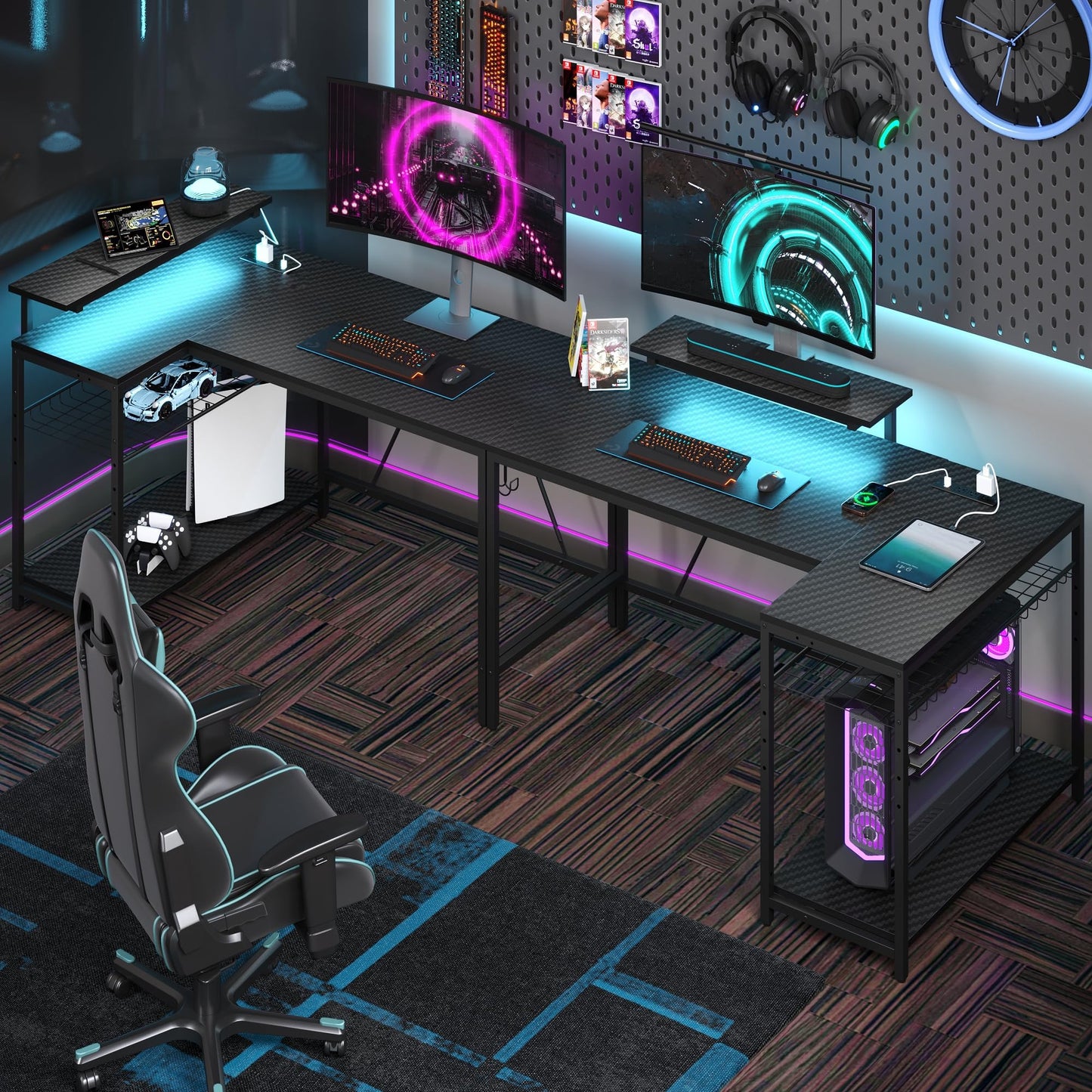 Bestier 132.5cm L-shaped workstation with carbon fibre surface, LED lights, shelves, hooks, 3 power outlets, and USB ports for home office.