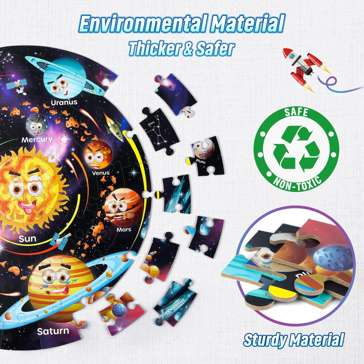 Giant SYNARRY solar system floor jigsaw puzzle with colorful space planets and astronaut, suitable for kids aged 3 to 8 years.