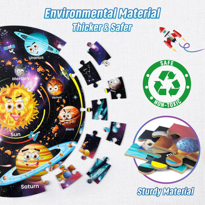 Giant SYNARRY solar system floor jigsaw puzzle with colorful space planets and astronaut, suitable for kids aged 3 to 8 years.