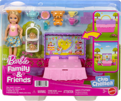 Barbie Chelsea Pop-Up Tea Party Playset with blonde doll and picnic basket, featuring 10+ accessories for imaginative play.